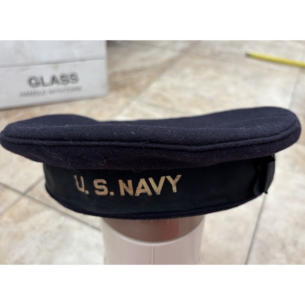 Vintage US Navy USN Blue Wool Donald Duck Sailor Flat Cap Hat Gold Tally 7 1/8